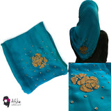 Peacock Blue Scarf With Glitter Rose